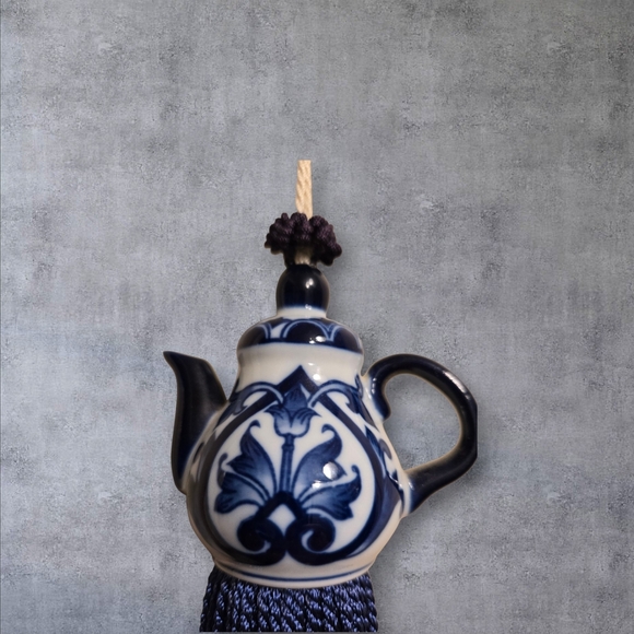 Vintage Teapot Tassel, Blue and White Porcelain, Fringed, 9" - Picture 2 of 3